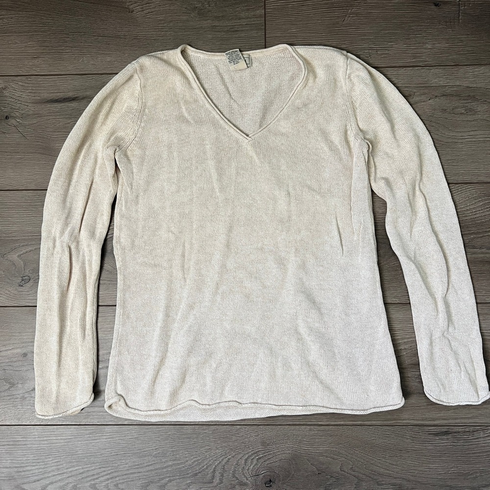 Vintage LL Bean Cotton Linen V Neck Sweater Womens Medium Regular Cream White